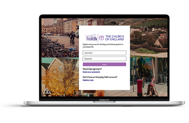 The Everyday Faith discipleship portal shown on a MacBook Pro.