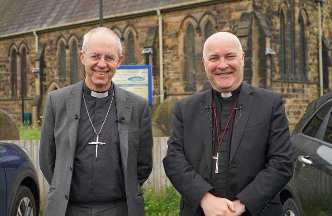 Archbishops of Canterbury and York outside St John The Evangelist, Balby