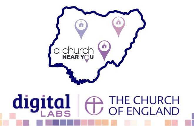 Digital Labs/Church of England branding along the bottom of the screen, with the outline of a map and location pins within it