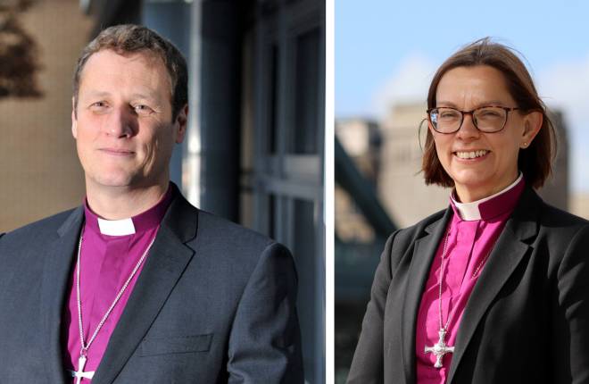 Separate images of Martyn Snow, Bishop of Leicester and Helen Ann Hartley, Bishop of Newcastle