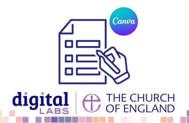 Digital Labs/Church of England branding, with a graphic of a hand filling out a form, and the blue Canva logo in a circle.