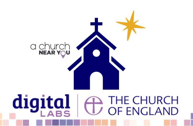 Digital Labs/Church of England branding, graphic of a church with the AChurchNearYou.com logo and a graphic of a star